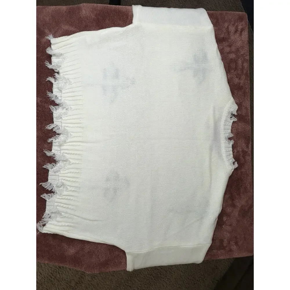 White Distressed Knit Sweater with Black Cross Details